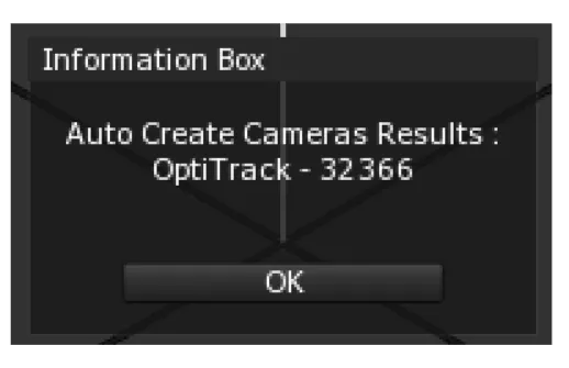 The Information Box of the Auto Create Cameras results, listing the camera OptiTrack - 32366, with an OK button.