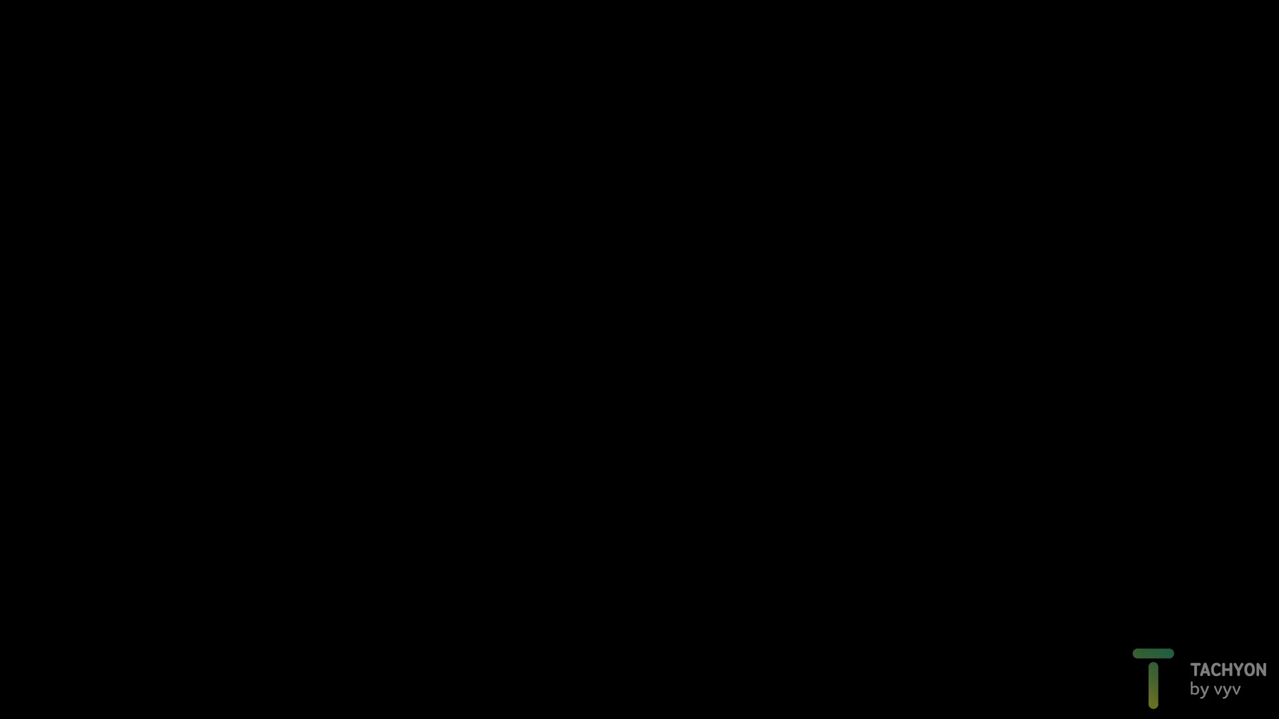 The interface hidden by Tab: a black output with only the TACHYON logo in the lower right corner.