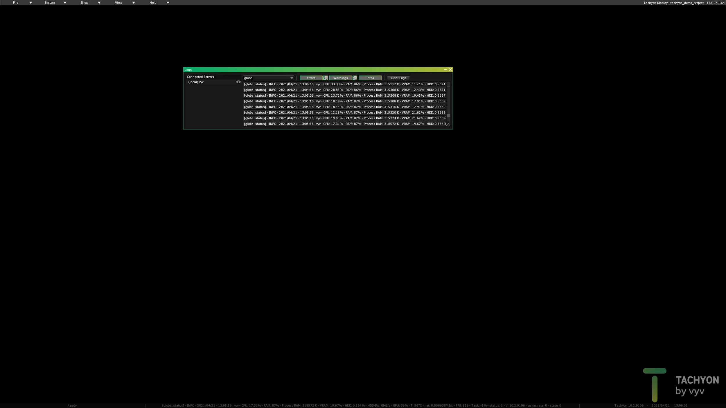 The interface shown again: the main menu bar, the Logs window and the status bar over the output.