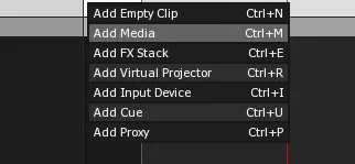 The Layer contextual menu, with Add Media (Ctrl+M) highlighted to create an empty Media Clip.