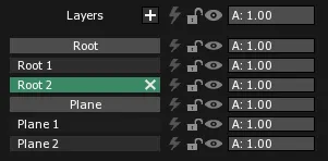 The Layers list with the Root and Plane Screens and their Layers, each with an Alpha slider at A: 1.00, and Root 2 selected.