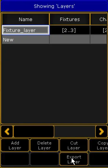 The grandMA Layers window, with Fixture_layer selected and the pointer on the Export Layer button.