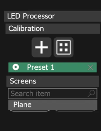 The Screens dropdown of the LED Processor panel open, with a Search item field and Plane as the object to pick.