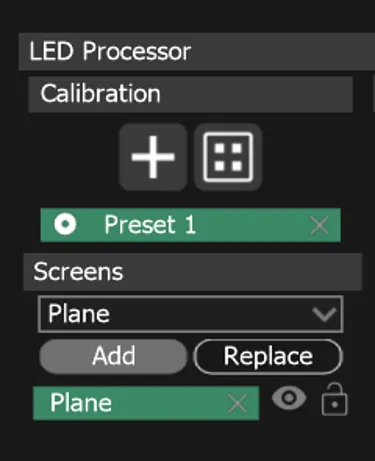 The LED Processor panel after Add: Plane, chosen in the Screens dropdown, now appears in the list below with its eye and lock icons.