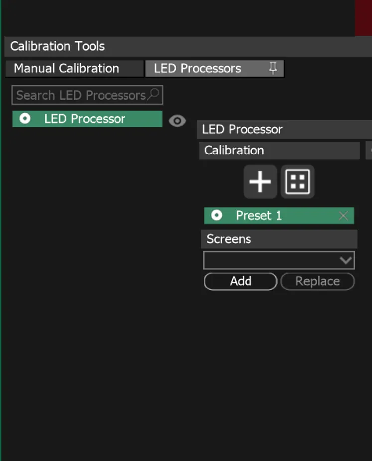 The LED Processors tab, with the LED Processor entry selected in the list and its Calibration and Screens sections on the right.