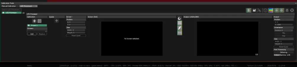 The LED Processors tab and its LED calibration tools, with no Quad yet and No Screen selected in the Screen preview.