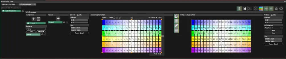 The LED Processors tab once Plane is mapped: Quad1 - Plane fills the Screen and Output previews with a numbered color grid.