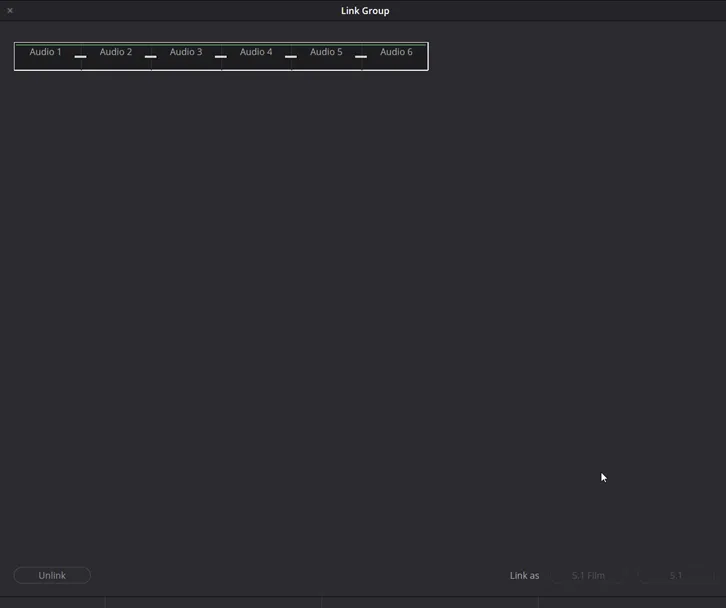 The Link Group window, with Audio 1 to Audio 6 selected together and the Link as 5.1 Film and 5.1 buttons at the bottom right.
