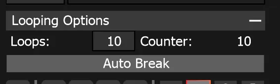 The Looping Options section, Loops set to 10 with the Counter at 10, above the Auto Break toggle.