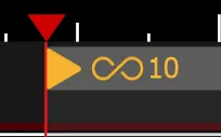 The start of a looping region under the playhead, with a filled triangle and a loop count of 10 on the region's left side.