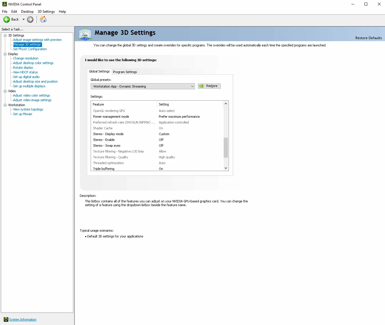NVIDIA Manage 3D Settings: Power management mode on Prefer maximum performance, Triple buffering On.