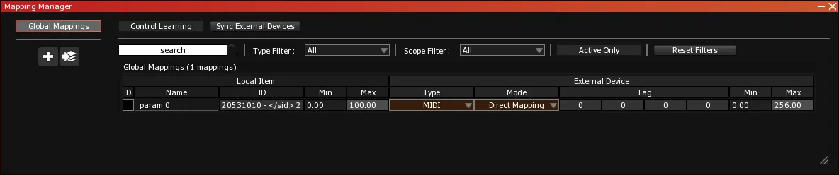 The Mapping Manager on Global Mappings, with one entry: param 0 linked to a MIDI device in Direct Mapping mode.