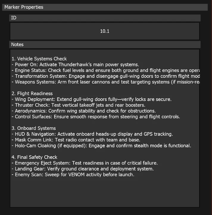 The Marker Properties panel, with ID set to 10.1 and a numbered checklist entered in the Notes box.