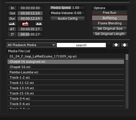 The Media Clip properties, with Chapel 16 assigned.vci selected as source in the Media File List and the Audio Config button above.