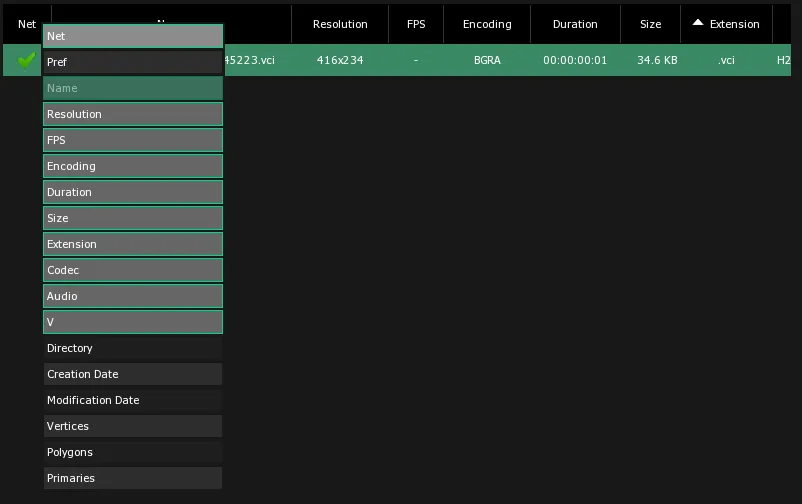 The Media Files List header menu of available columns, with Net at the top; the Net column shows a green check for the file.