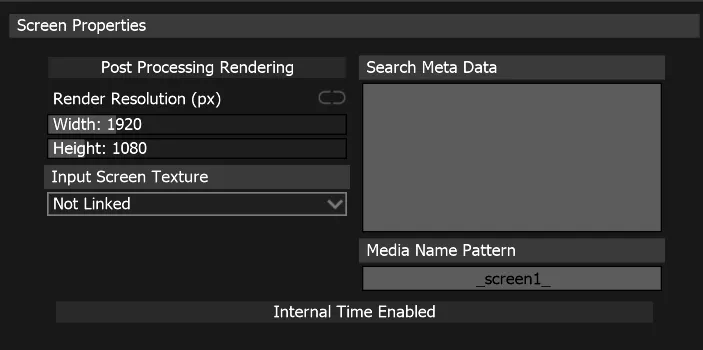 The Screen Properties panel, with the Media Name Pattern field set to _screen1_ for this screen.
