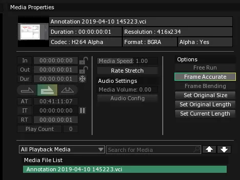 The Media Properties window, with a media file selected in the Media File List and its details shown at the top.