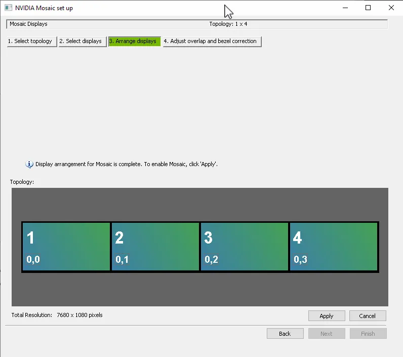 NVIDIA Mosaic set up, Arrange displays: the four displays side by side, ready to apply at 7680 × 1080.