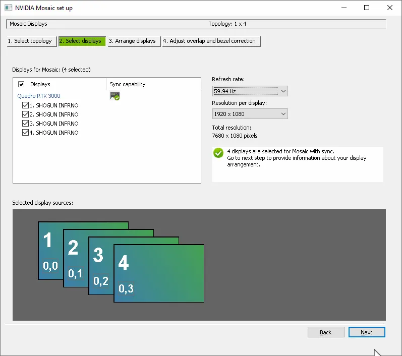 NVIDIA Mosaic set up, Select displays: four synced displays at 1920 × 1080 and 59.94 Hz, 7680 × 1080 in all.