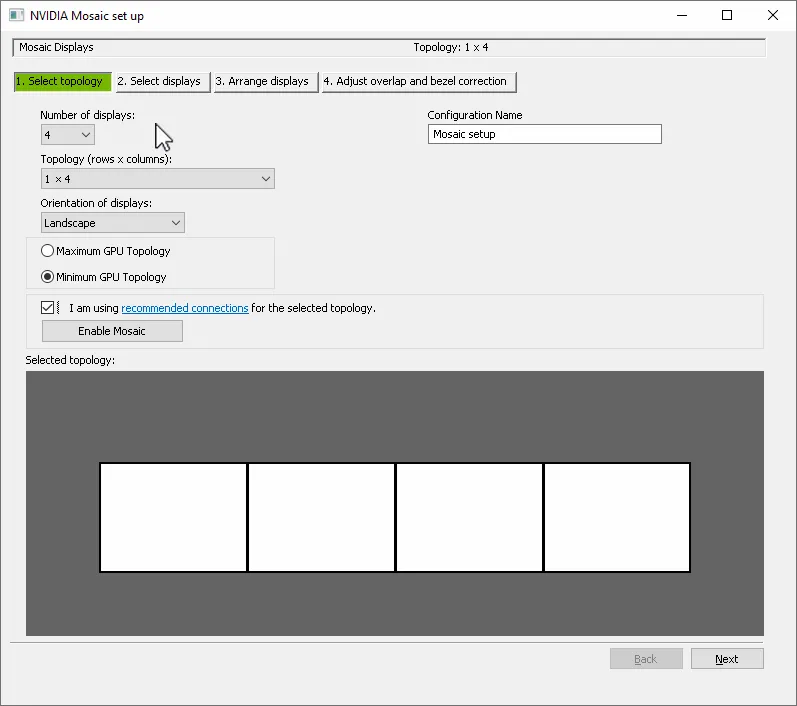 NVIDIA Mosaic set up, Select topology: four displays in a 1 × 4 topology, in landscape.