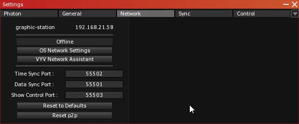 The Network tab of graphic-station in PHOTON, with Time Sync Port 55502, Data Sync Port 55501 and Show Control Port 55503.