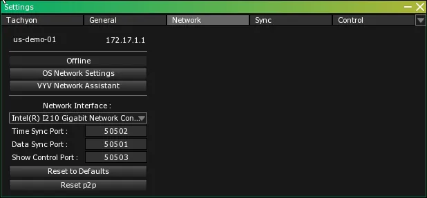 The Network tab of us-demo-01 in TACHYON, with Network Interface and the Time Sync 50502, Data Sync 50501 and Show Control 50503 ports.