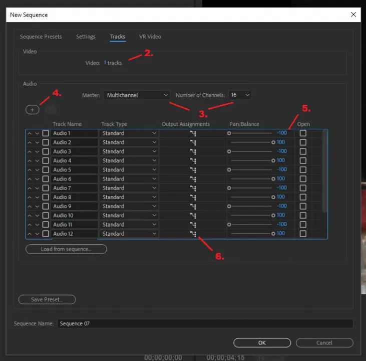 The Premiere New Sequence dialog, Tracks tab: Master set to Multichannel, 16 channels, Pan/Balance alternating -100 and 100.