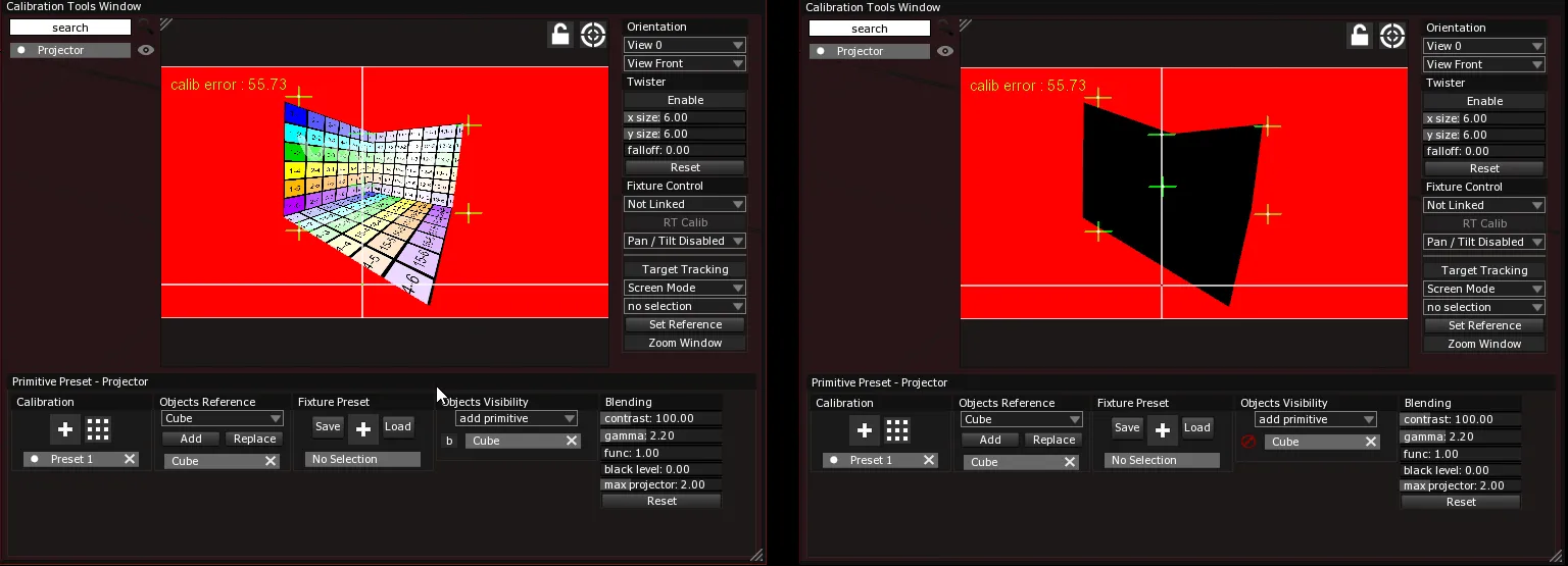 The Calibration Tools Window before and after blanking: the cube corner with its b button, then black with a no entry symbol instead.