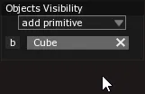 The Objects Visibility list with a Cube entry, its b button on the left and the X symbol that removes it on the right.