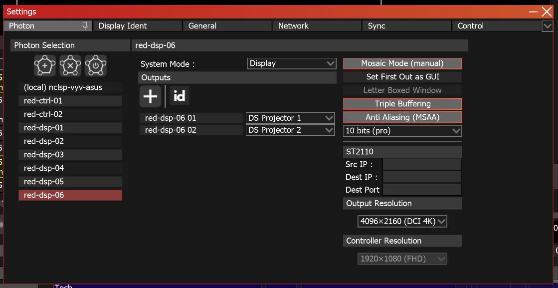 The Photon tab of red-dsp-06, now with outputs red-dsp-06 01 and 02 assigned to DS Projector 1 and DS Projector 2.