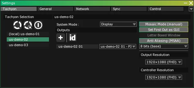 The Tachyon tab with Mosaic Mode (manual) on and the output us-demo-02 01 listed in Outputs, assigned to us-demo-02 01 - PJ.