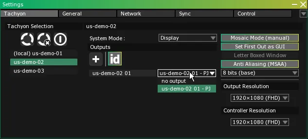 The Outputs list of the Tachyon tab, the dropdown of output us-demo-02 01 open on no output and us-demo-02 01 - PJ.