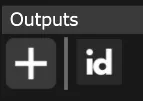 The Outputs section, with the + button that adds a virtual video output to the selected server, next to the id toggle.