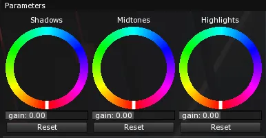 The Shadows, Midtones and Highlights color wheels, each with its gain slider at 0.00 and a Reset button.