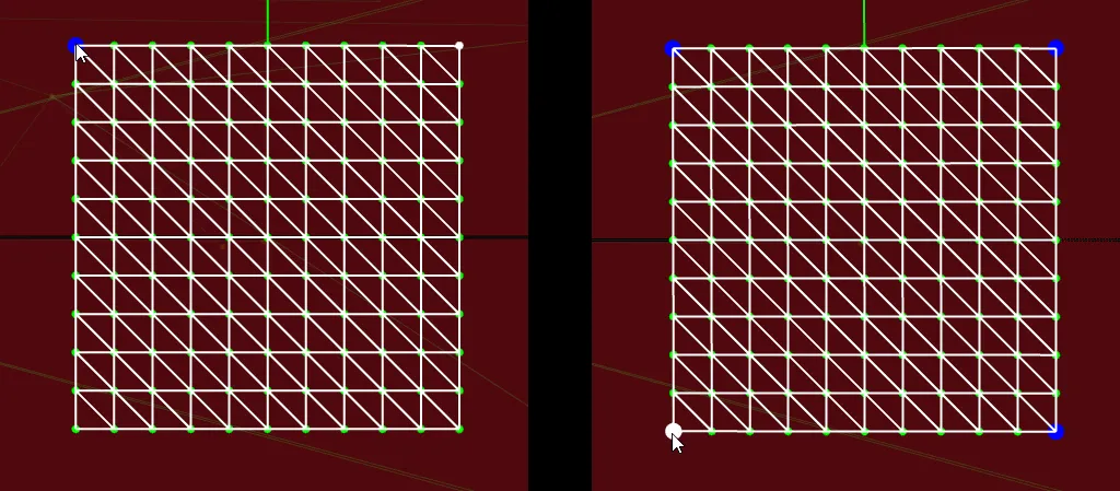 The plane's mesh with one corner turned into a Calibration Point, then with all four, the selected one white and the others blue.