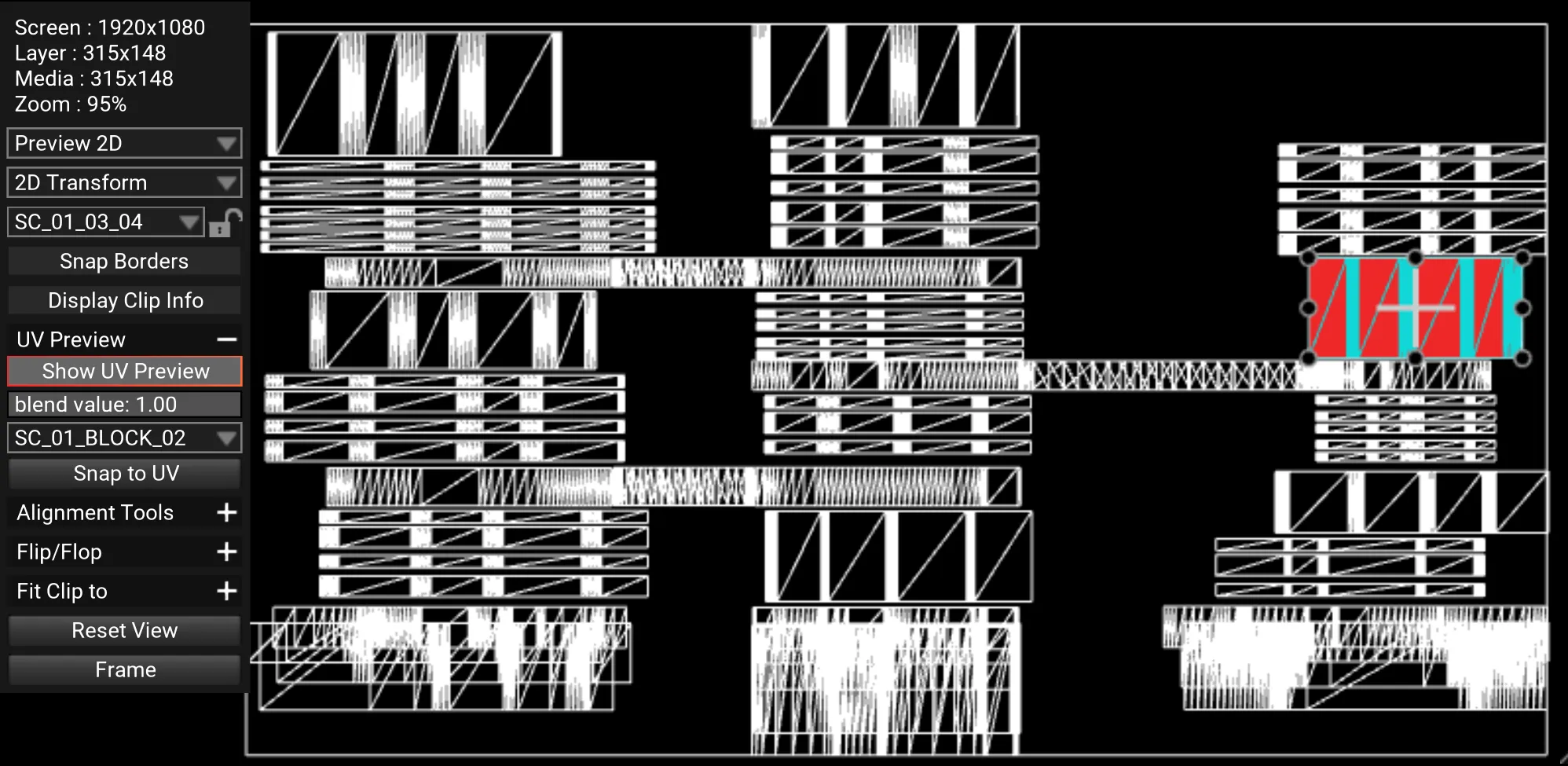 Preview 2D with Show UV Preview on and SC_01_BLOCK_02 chosen: after Snap to UV, the clip sits on that object's area of the UV.