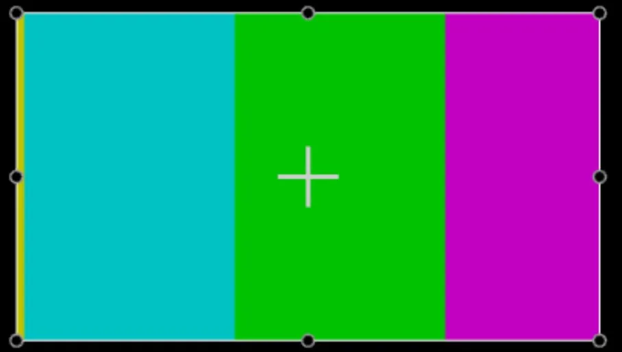 The same crop values with crop resize on: the cyan, green and magenta strip is scaled up to fill the whole clip raster.