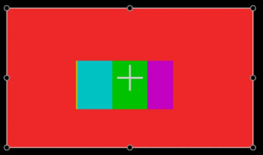 The same clip cropped on all four sides: only a central cyan, green and magenta strip remains, over a red background.
