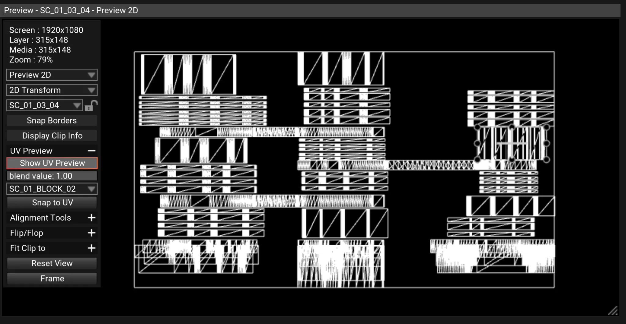 The Preview window of SC_01_03_04 with Show UV Preview on: the UV of every object in the hierarchy is drawn, not only the parent's.