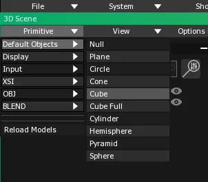 The Primitive menu open on Default Objects, with Cube highlighted among the ready-made objects.
