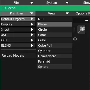 The 3D Scene Primitive menu, with the Default Objects submenu open and Plane highlighted.