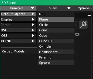 The Primitive menu open on Default Objects, with Plane highlighted among the ready-made objects.
