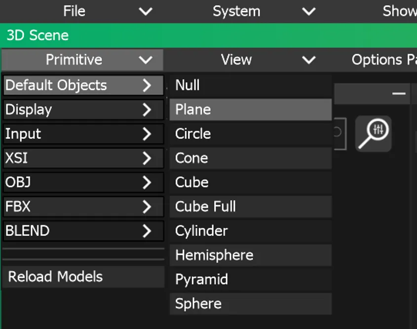 The Primitive menu open on Default Objects, with Plane highlighted among Null, Circle, Cone, Cube, Cylinder, Sphere and others.