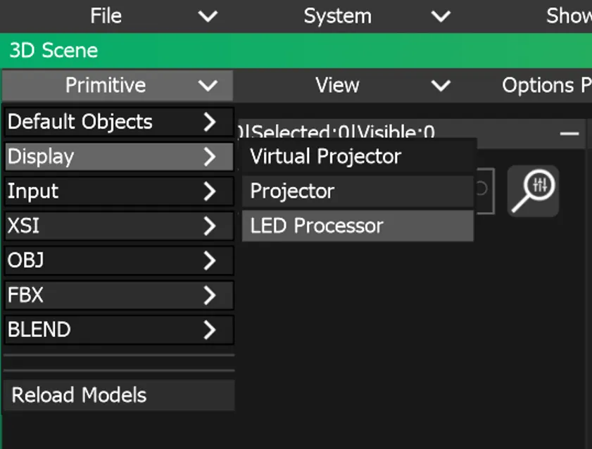 The Primitive menu of the 3D Scene open on Display, with LED Processor highlighted below Virtual Projector and Projector.
