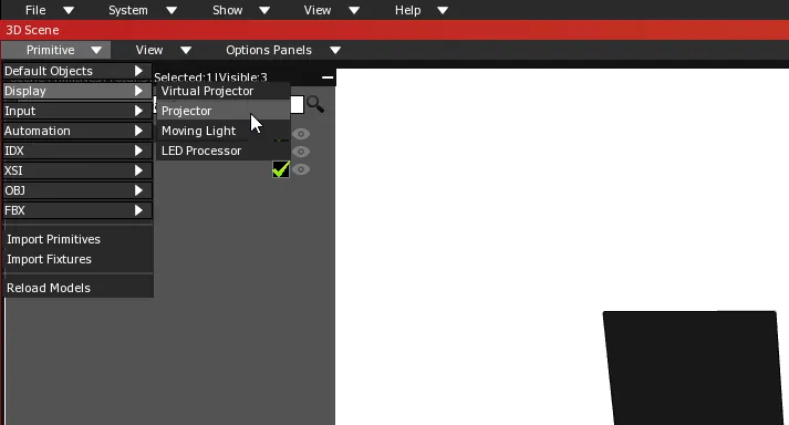 The 3D Scene Primitive menu, with the Display submenu open and Projector highlighted between Virtual Projector and Moving Light.