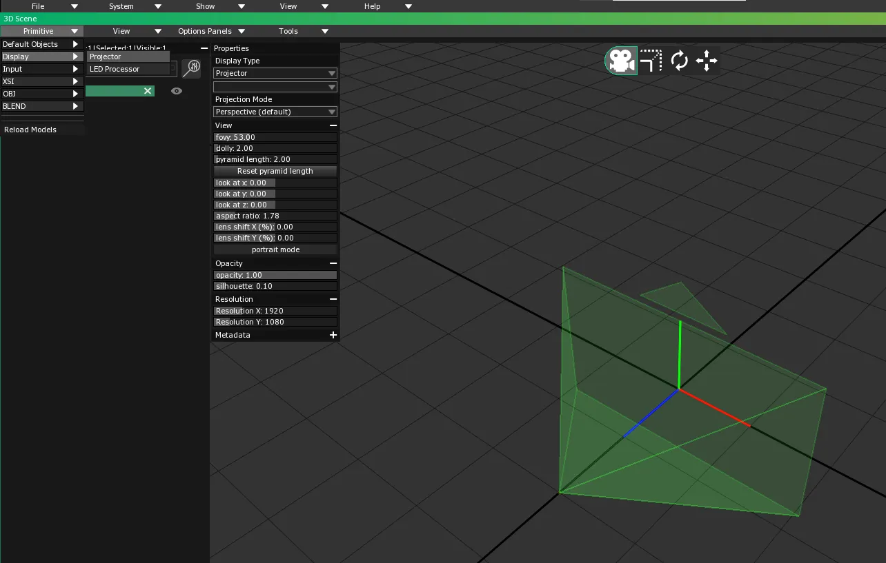 The 3D Scene Primitive menu open on Display > Projector, with the new Projector's pyramid in the 3D Scene Preview.