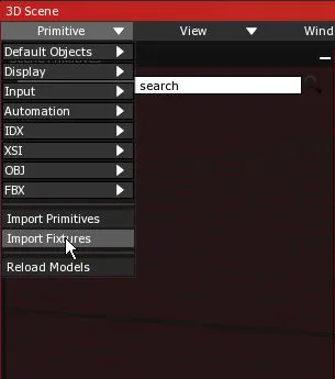 The Primitive menu of the 3D Scene, with the pointer on Import Fixtures.
