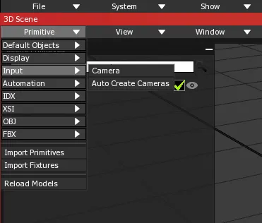 The Primitive menu of the 3D Scene, with Input expanded to Camera and Auto Create Cameras.