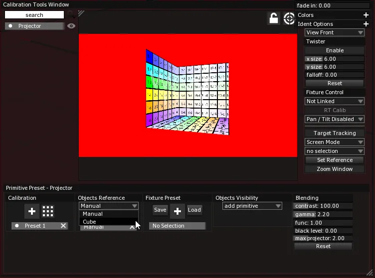 The Calibration Tools Window's Primitive Preset panel, with the Objects Reference dropdown open on Cube next to Objects Visibility.