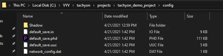 The project's config folder in Windows Explorer, with default_save.phd beside default_save.io, default_save.uuc and a Shadow folder.